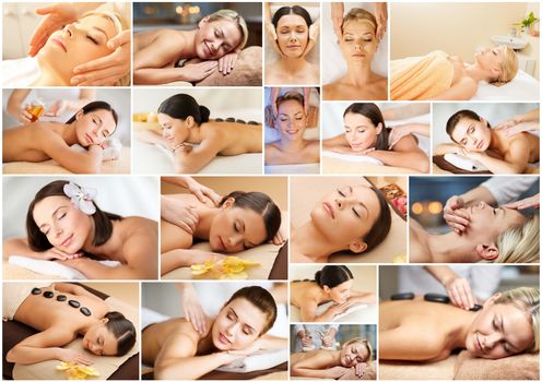 beauty, healthy lifestyle and relaxation concept - collage of many pictures with beautiful young women having facial or body massage in spa salon