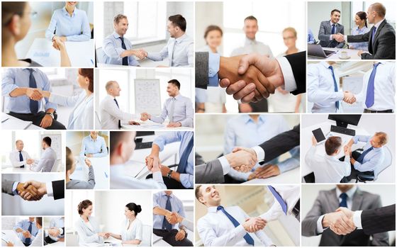 business deal and office concept - collage with many different people shaking hands in office