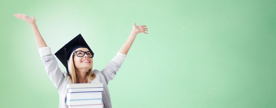 education, happiness, graduation and people concept - picture of happy student in mortar board cap with stack of books over green background