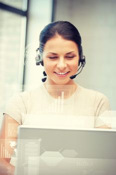 futuristic female helpline operator with headphones and virtual screen