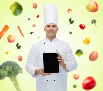cooking, profession and people concept - happy male chef cook showing tablet pc computer black blank screen