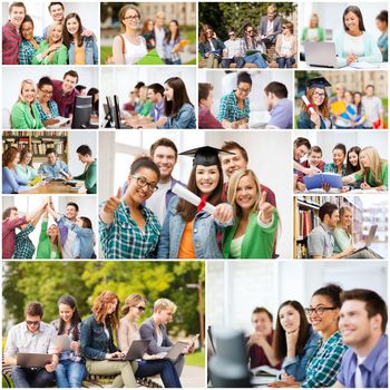 education concept - collage with many pictures of students in college, university or high school