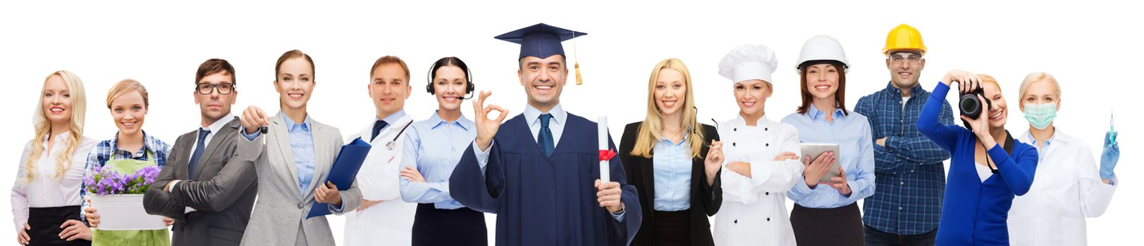 people, profession, education, gesture and success concept - happy bachelor with diploma showing ok sign over different workers behind