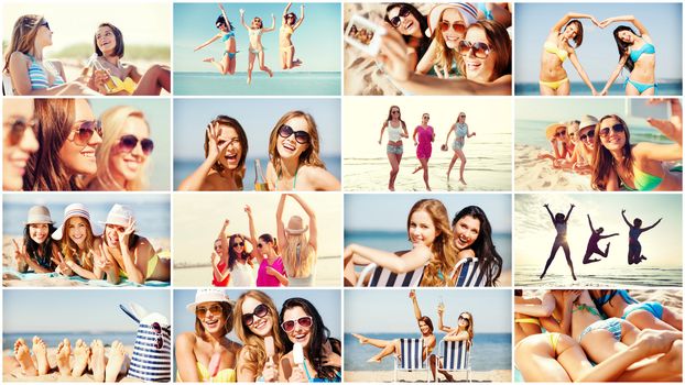 summer holidays and vacation concept - collage of many pictures with pretty girls having fun on the beach and taking selfie