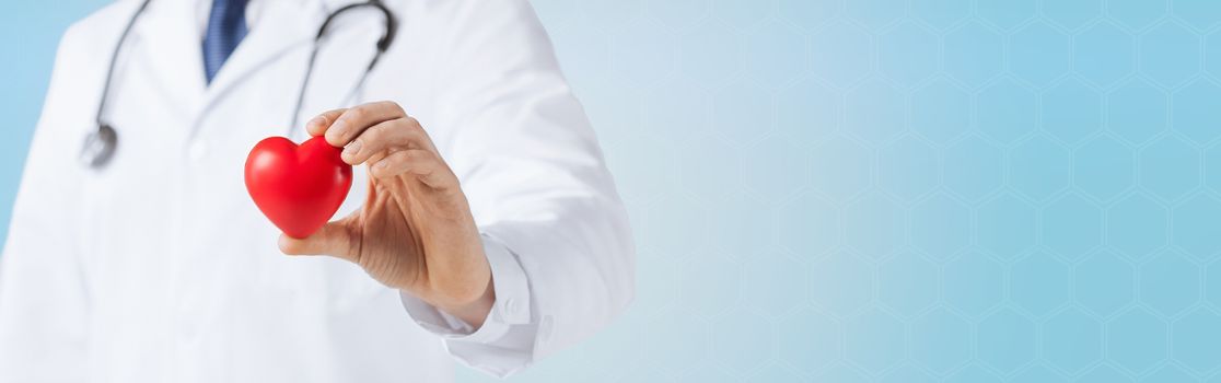 medicine, people, charity, health care and cardiology concept - close up of male doctor hand holding red heart over blue background