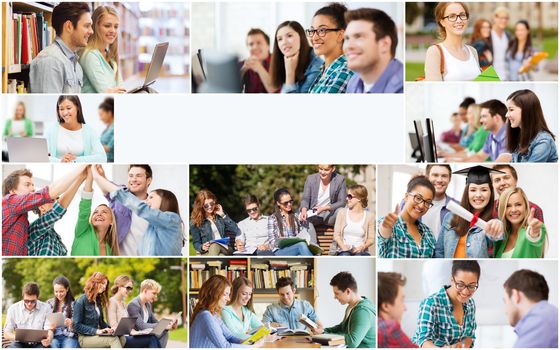 education concept - collage with many pictures of students in college, university or high school with copyspace