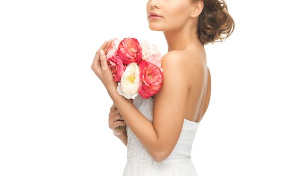 picture of young woman with bouquet of flowers.