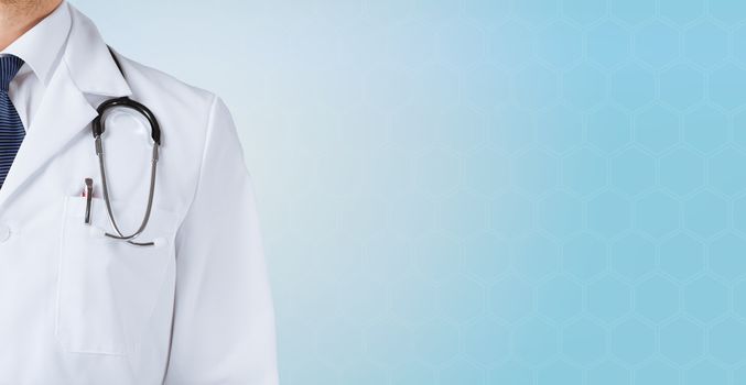 medicine, people and health care concept - close up of male doctor with stethoscope over blue background