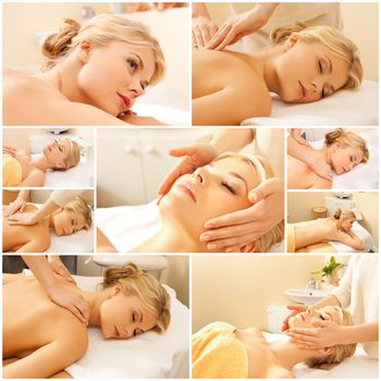beauty, healthy lifestyle and relaxation concept - collage of many pictures with beautiful young woman having facial or body massage in spa salon