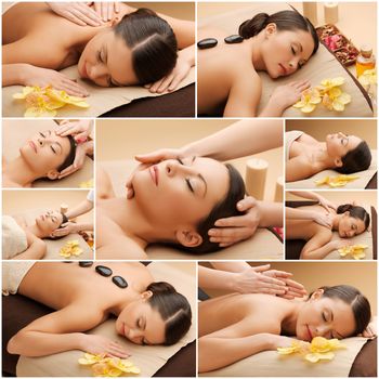 beauty, healthy lifestyle and relaxation concept - collage of many pictures with beautiful asian women having facial or body massage in spa salon