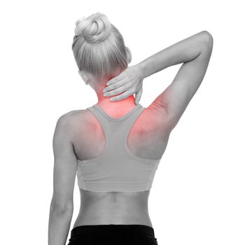 fitness, healthcare and medicine concept - sporty woman touching her neck