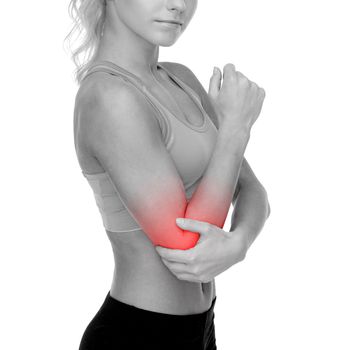 healthcare, fitness and medicine - sporty woman with pain in elbow