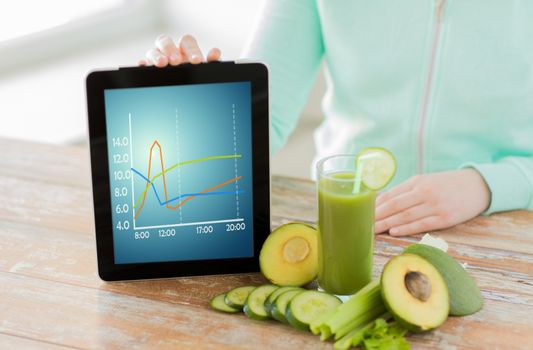 healthy eating, technology, diet and people concept - close up of woman hands holding tablet pc computer with chart, green fresh juice and vegetables sitting at table