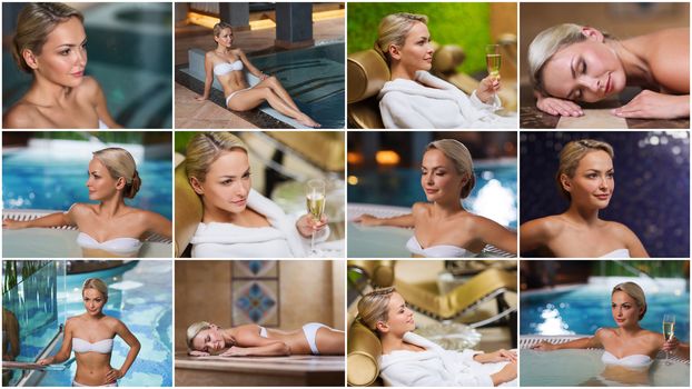 beauty, spa, healthy lifestyle concept - beautiful young woman relaxing at luxury spa with hammam sauna and swimming pool