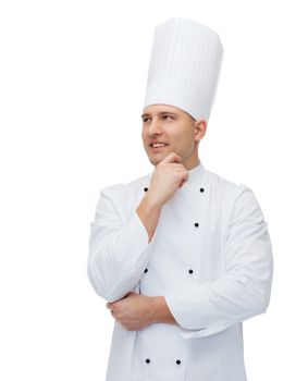 cooking, profession, inspiration and people concept - happy male chef cook thinking