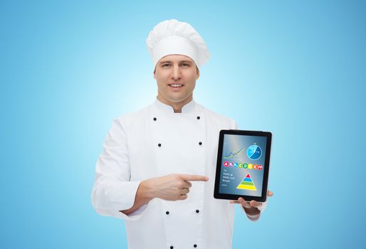 cooking, technology, food nutritional value and people concept - happy male chef cook showing tablet pc computer screen with calories and vitamin charts over blue background