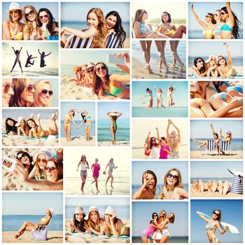 summer holidays and vacation concept - collage of many pictures with pretty girls having fun on the beach and taking selfie