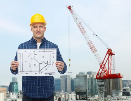 repair, construction, building, people and maintenance concept - smiling male builder or manual worker in helmet with blueprint over city construction site background