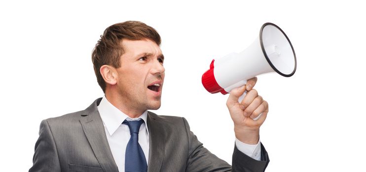 business, communication, hiring, searching, public announcement, office concept - buisnessman with bullhorn or megaphone