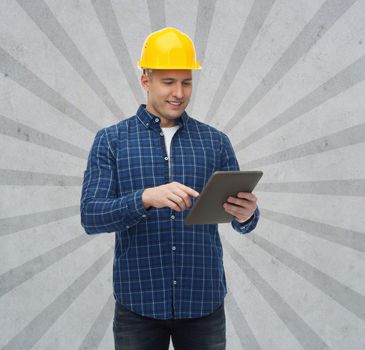 repair, construction, building, people and maintenance concept - smiling male builder or manual worker in helmet with tablet pc computer over gray burst rays background