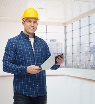 repair, construction, building, people and maintenance concept - smiling male builder or manual worker in helmet with clipboard over empty flat background