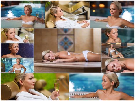 beauty, spa, healthy lifestyle concept - beautiful young woman relaxing at luxury spa with hammam sauna and swimming pool