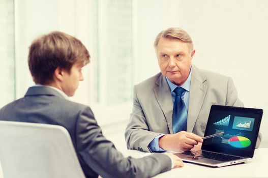 business, advertisement, technology and office concept - older man and young man with laptop computer in office