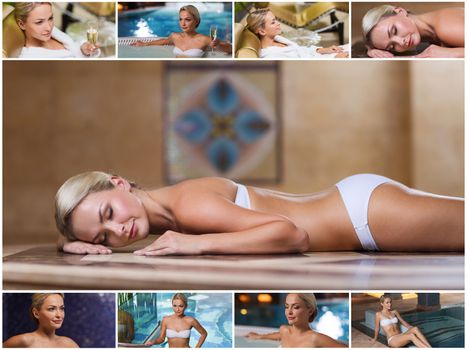 beauty, spa, healthy lifestyle concept - beautiful young woman relaxing at luxury spa with hammam sauna and swimming pool
