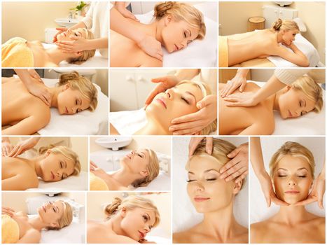 beauty, healthy lifestyle and relaxation concept - collage of many pictures with beautiful young woman having facial or body massage in spa salon