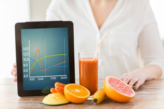 healthy eating, technology, diet and people concept - close up of woman hands holding tablet pc computer with chart, fruits and fresh juice sitting at table