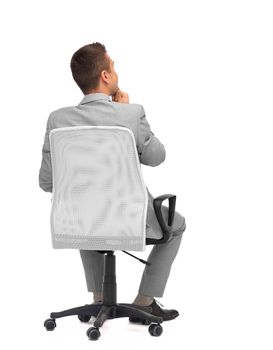 business, people, furniture, rear view and office concept - businessman sitting in office chair from back