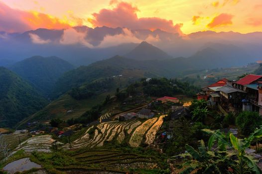 Beautiful  sunset at terraced of  Cat Cat Village,Vietnam. Photography techniques HDR process.