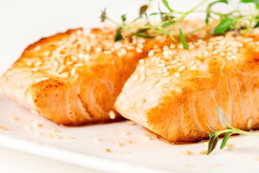 Grilled salmon, sesame seeds  and marjoram on white plate. Studio shot