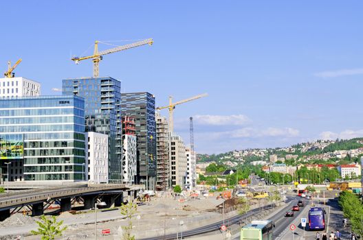 OSLO, NORWAY - MAY 22 2012: A view from the roof of Oslo Opera house to the Rostockergata office buildings, Bjorvika