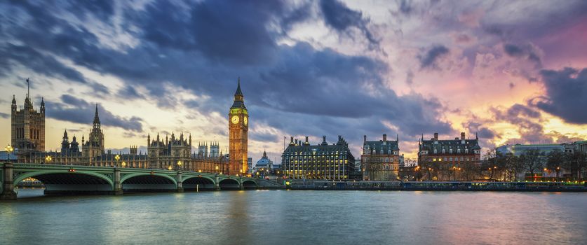 Panoramic view of Big Ben in London at sunset, UK. 