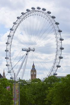 LONDON, UK - JUNE 15: London Eye framing Big Ben in the background. June 15, 2015 in London. Both London Eye and Big Ben are famous landmarks in London.