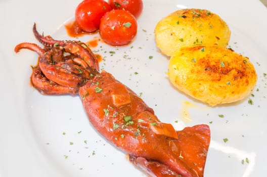 Octopus cooked with potatoes in olive oil - traditional southern dish.