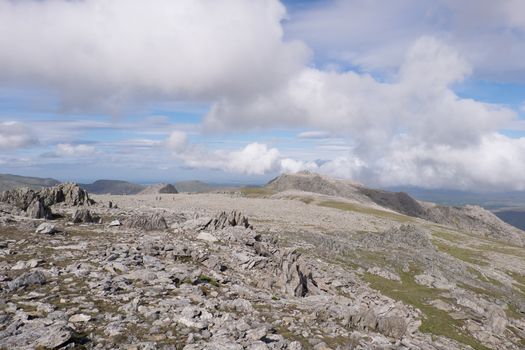 A view across the summit of Glyder Fawr to Glyder Fach in the distance. Snowdonia, Wales, UK.
