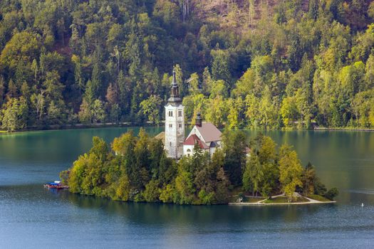 Catholic church on an island in the middle of the Bled lake in Slovenia