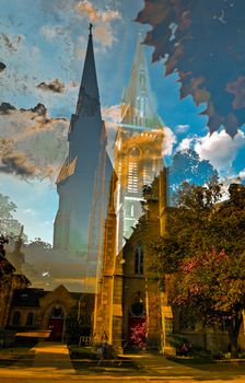 20 x 13 inches
Cathedral rises majestically among the trees in a small town
Photo executed in style multi exposition