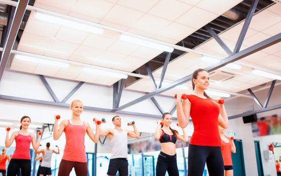 fitness, sport, training, gym and lifestyle concept - group of smiling people working out with dumbbells in the gym