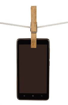 modern black smartphone hanging on clothesline