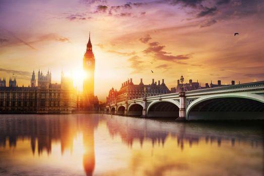 Big Ben and Westminster Bridge at dusk, London, UK