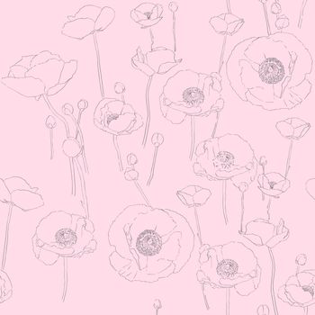 Seamless retro pattern with hand drawn sketch illustration of poppies over a pink background