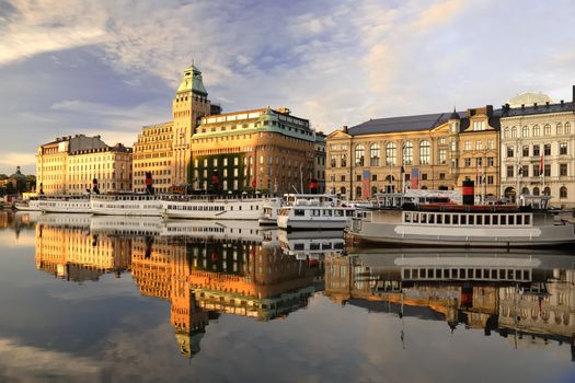 Stockholm embankment with boats.