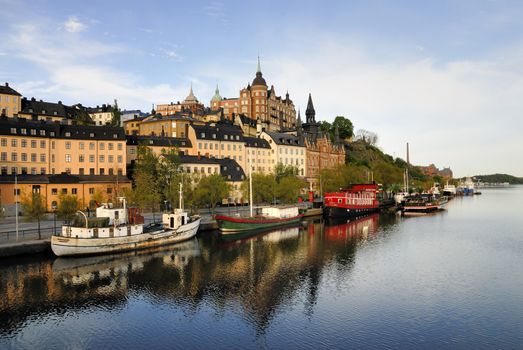 Stockholm embankment with boats.