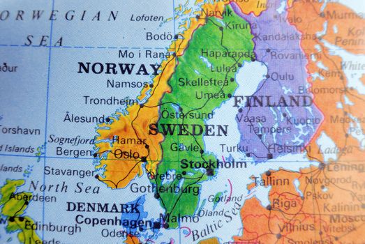Closeup map of scandinavia in bright colors.