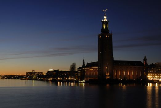 Stockholm City Hall at night.