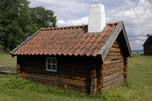 Small brown cottage by a green summer meadow.