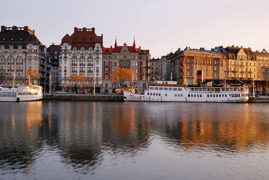 Stockholm embankment with boats.